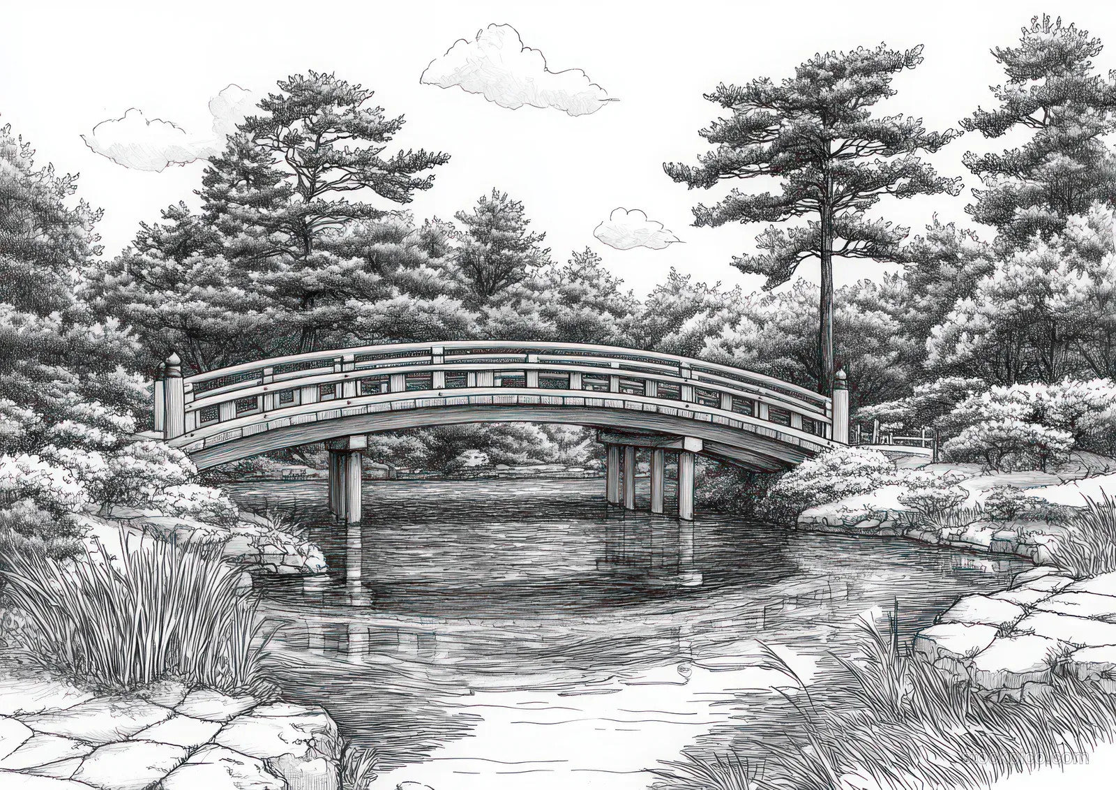 Monochrome ink sketch of a curved bridge over a calm river with pine trees and reflected ripples.