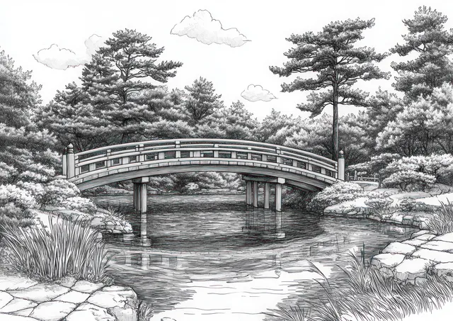 Monochrome ink sketch of a curved bridge over a calm river with pine trees and reflected ripples.