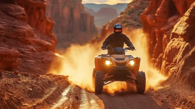 Helmeted rider speeds an orange ATV through a dusty narrow red-rock canyon at sunset with a dust cloud behind.