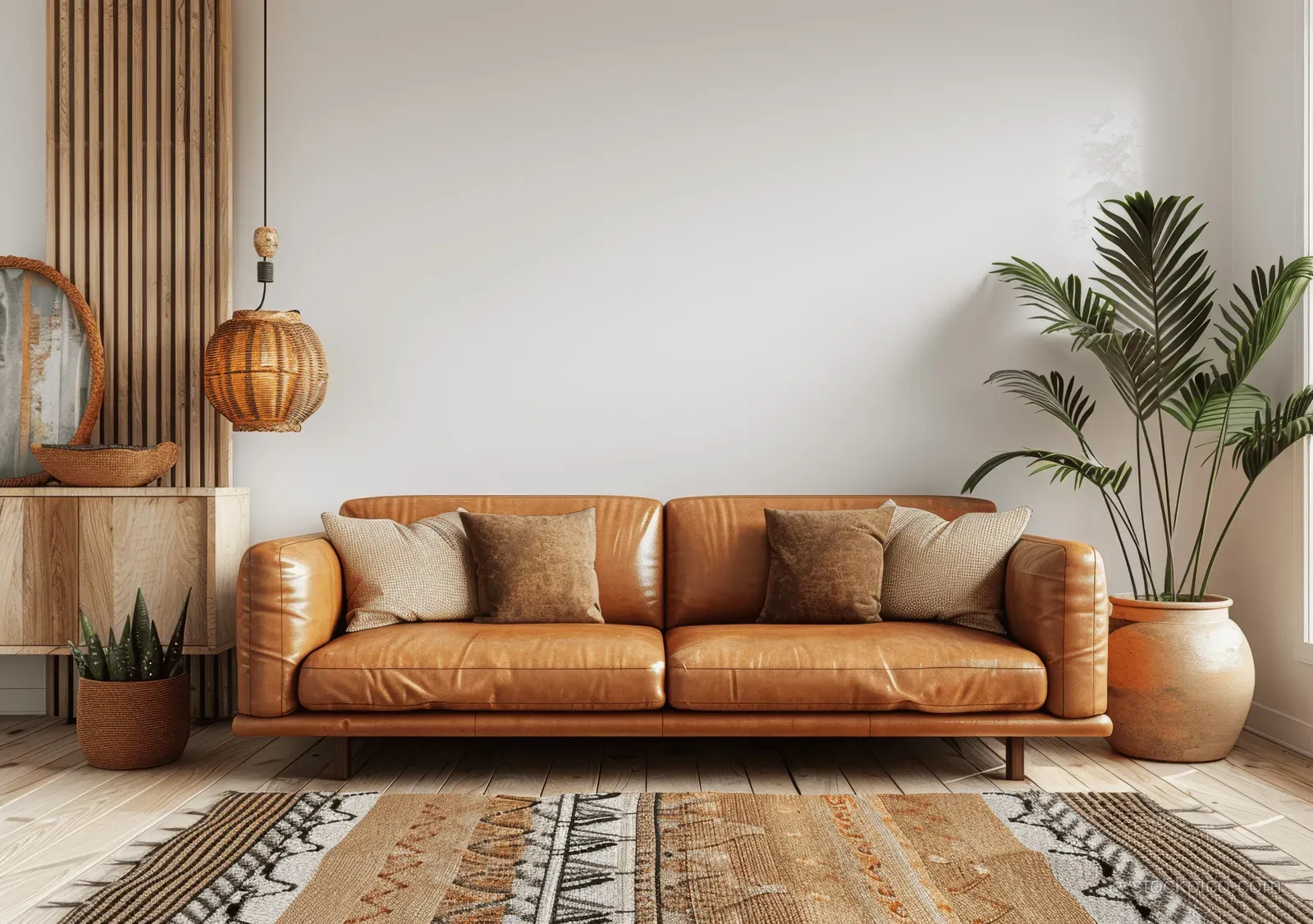 Brown leather sofa in a Scandinavian living room with potted plant, wooden cabinet, and bright white wall light.