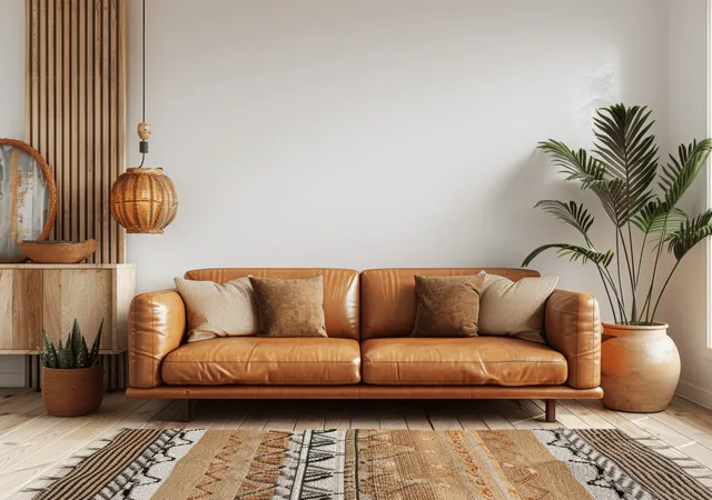 Brown leather sofa in a Scandinavian living room with potted plant, wooden cabinet, and bright white wall light.