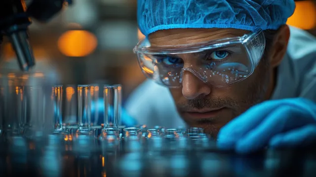 Scientist in protective visor watches sterile test tubes under dramatic blue laboratory lighting.