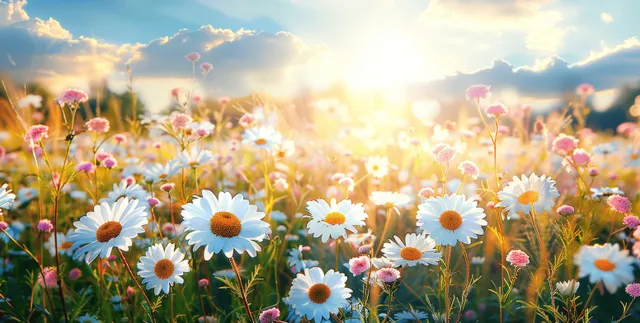 Sunlit meadow of daisies and wildflowers stretches to a bright horizon beneath a blue sky.