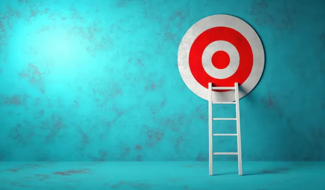 Ladder targets a bullseye on the wall in turquoise business strategy illustration