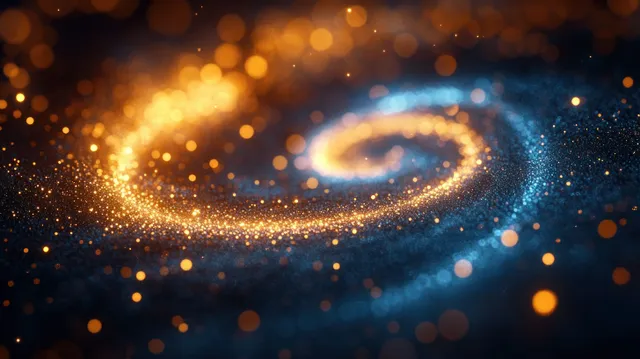 Glowing golden and blue particles swirl into a spiral ring against a dark cosmic background with scattered bokeh.