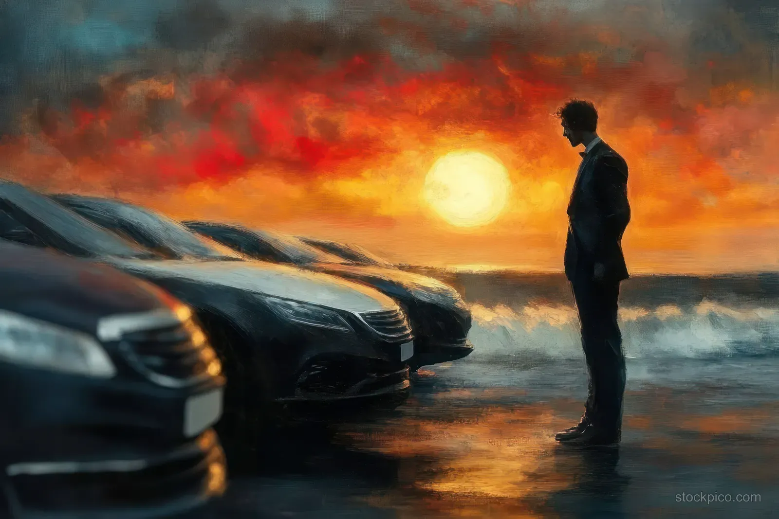 Silhouetted man stands on wet reflective ground beside a row of cars under a fiery sunset sky.