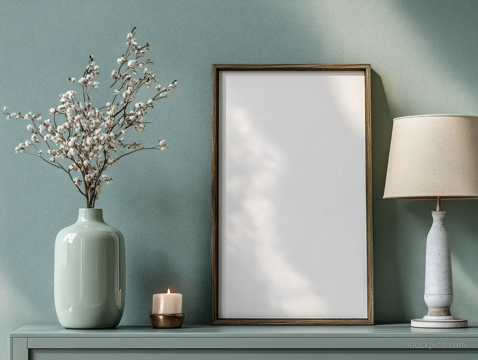 Blank frame sits between a white vase of pale blossoms and a softly glowing table lamp on a wall shelf.