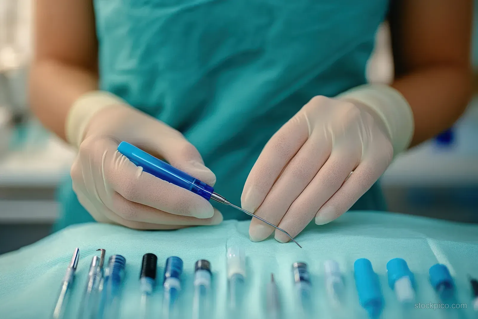 Gloved hands prepare mesotherapy syringes and a microneedle device on a sterile tray in a clinic room.