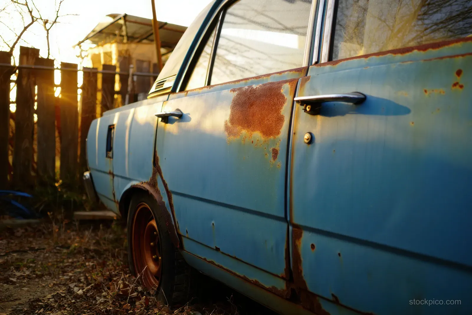 Rusted blue car door and wheel area in a fenced yard under golden sunset lighting.