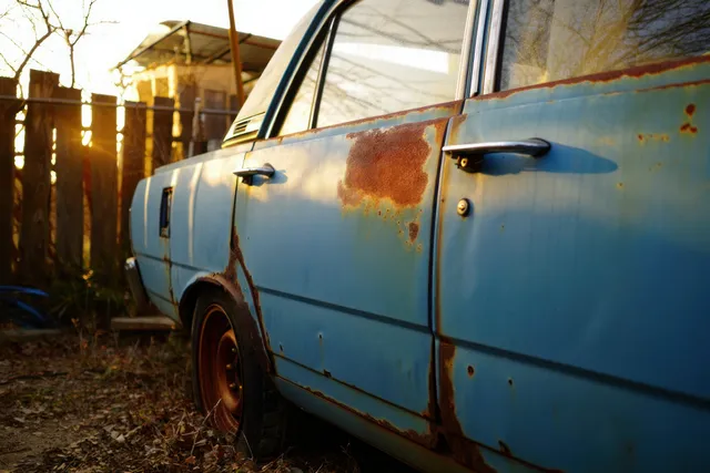 Rusted blue car door and wheel area in a fenced yard under golden sunset lighting.
