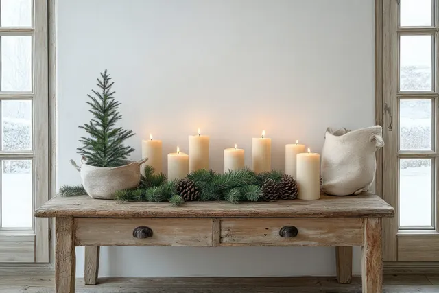 Rustic wooden entryway console with pillar candles and greenery, lit by soft daylight through tall windows.