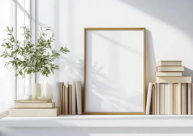 Blank gold frame on a white shelf beside pastel books and a potted green plant.