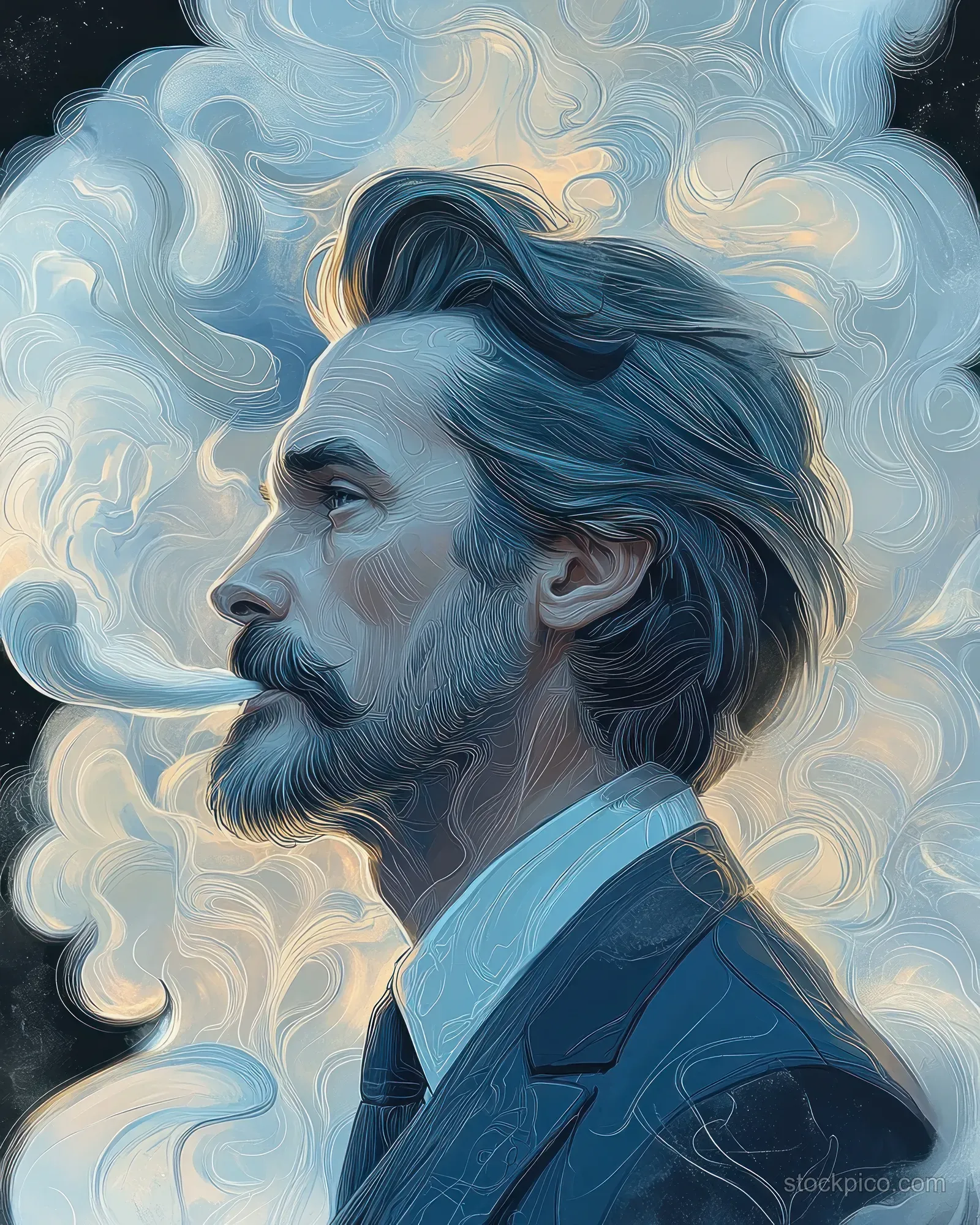 A serious bearded man in a blue suit exhales wispy smoke against swirling clouds in profile.