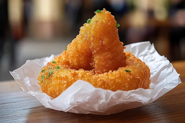 Crispy golden Sicilian rice arancini wrapped in crinkled white paper on a wooden table.