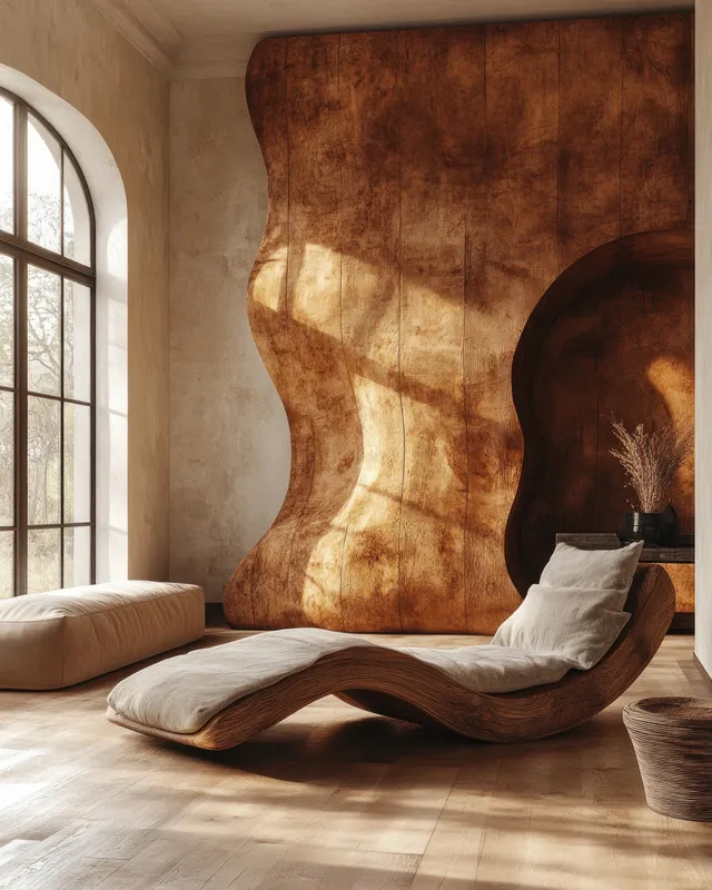 Gray sofa sits in a minimalist living room facing a large textured wooden wall sculpture under warm window light.
