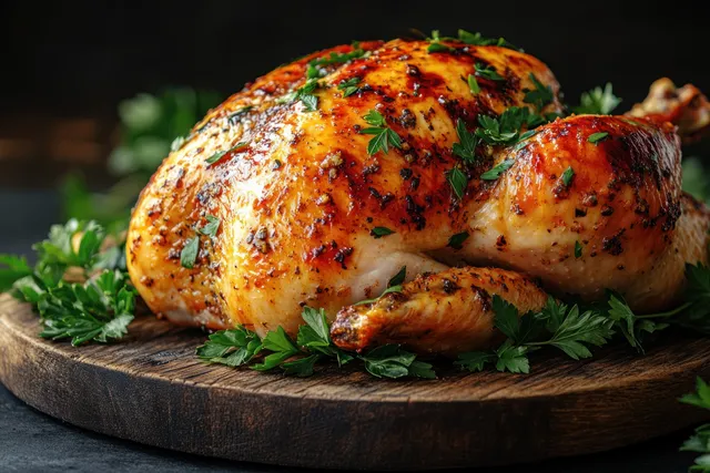 Golden Roasted Chicken on Rustic Wooden Board with Parsley Garnish with Home Cooking