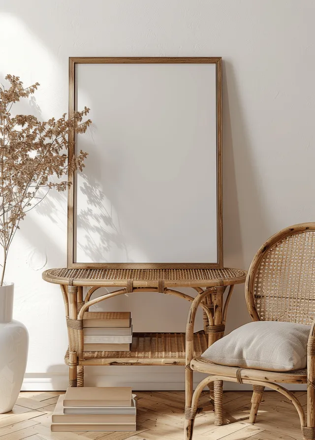 Blank poster frame on wooden table beside rattan chairs in bright white living room with Blank Design Template