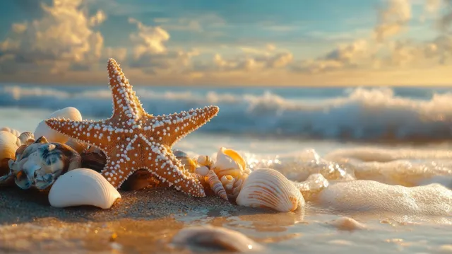 A seashell Christmas tree with starfish and shells rests on wet beach sand under a glowing sunset sky.