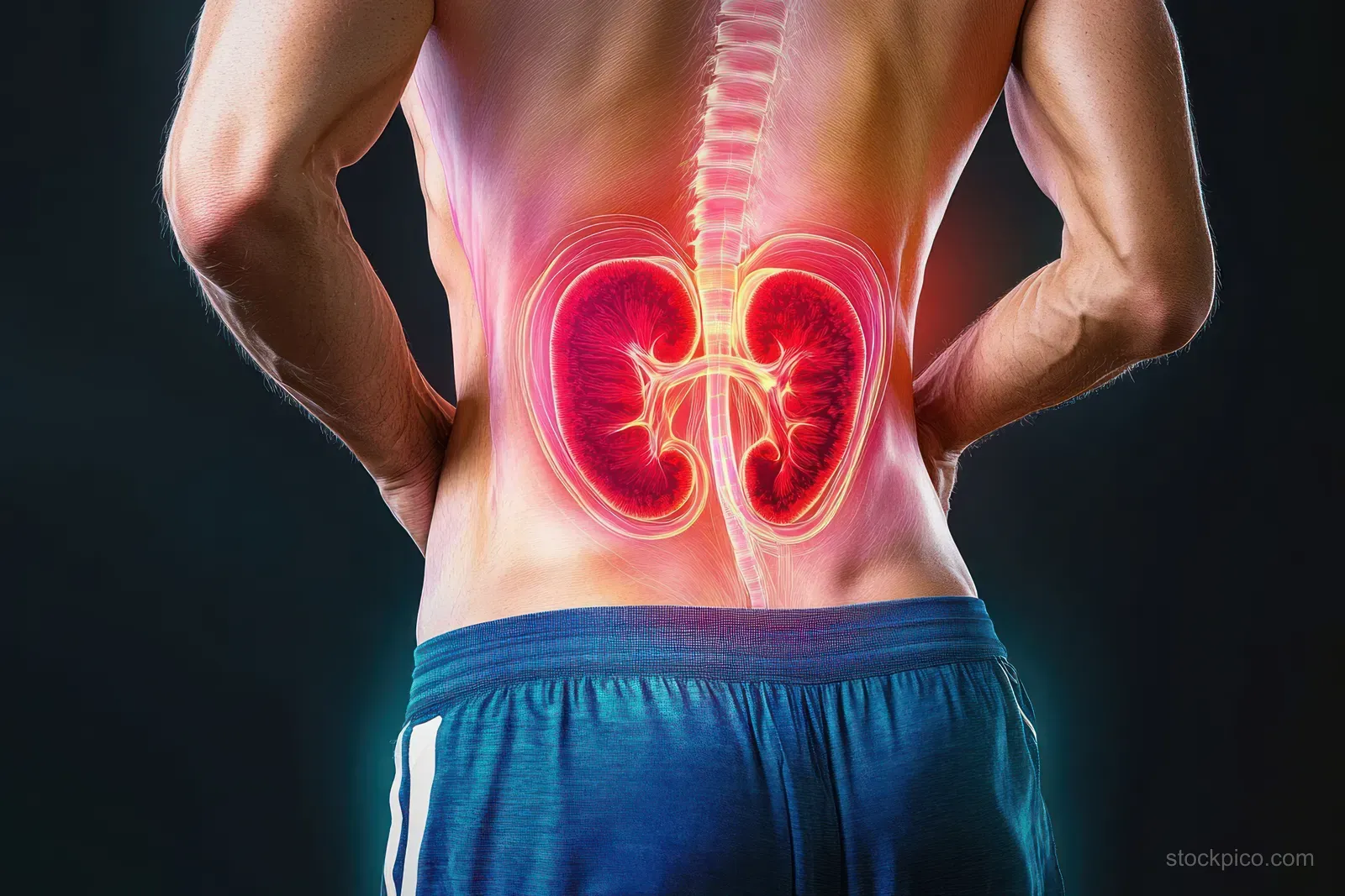 A man holds his lower back as glowing kidneys and a highlighted spine appear over his body.