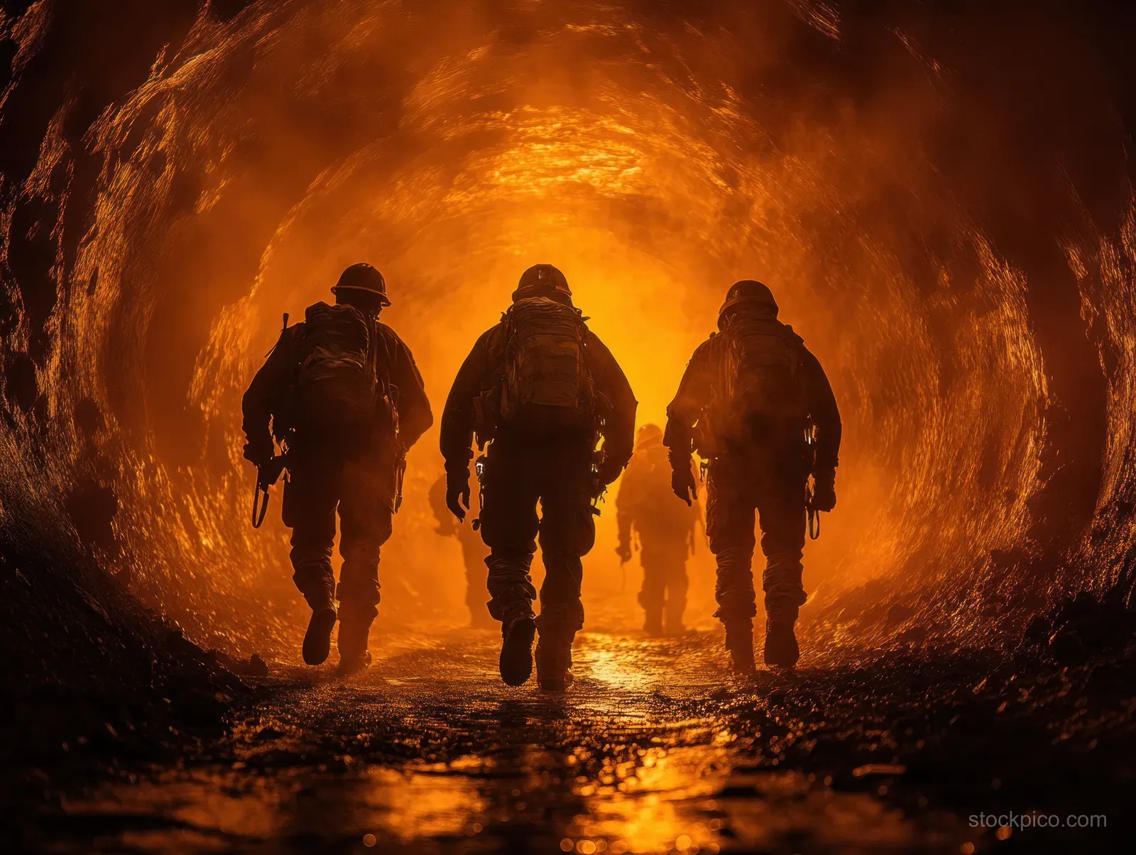 Three miners walk in a dark underground tunnel, their headlamps glowing through orange smoke and dust.