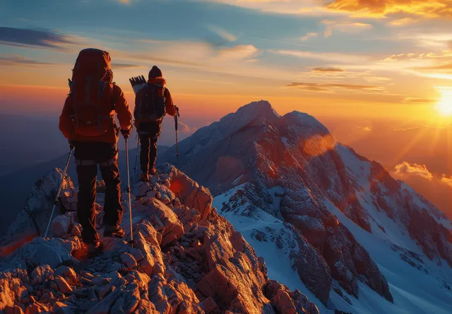 Two hikers in silhouette on a snowy rocky summit during a dramatic sunset over mountain ridges.