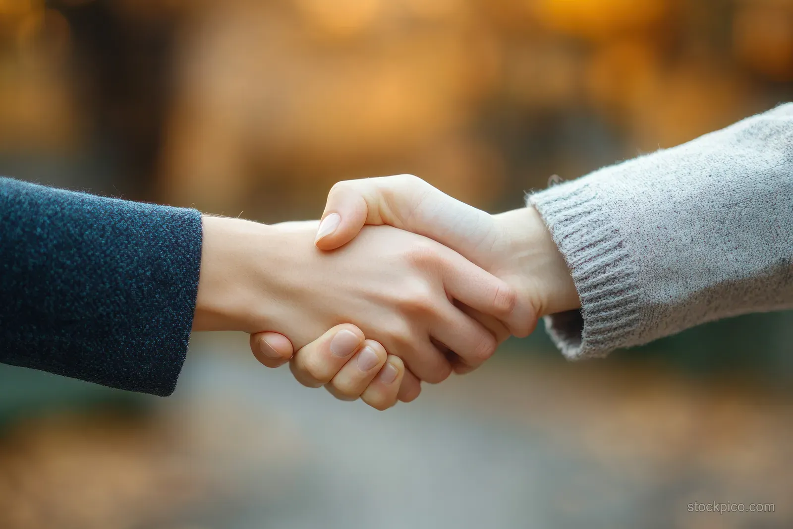 Two business professionals shake hands during an office meeting with a softly blurred background.