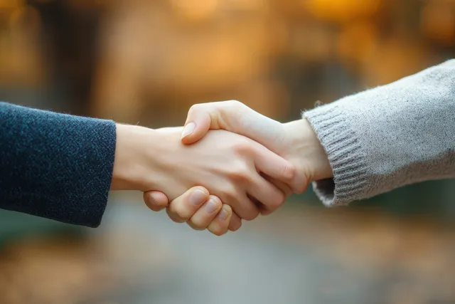 Business professionals handshake in office meeting, blurred conference background and warm lighting