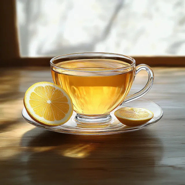 Transparent glass cup of amber tea with lemon on a wooden table, soft sunlight