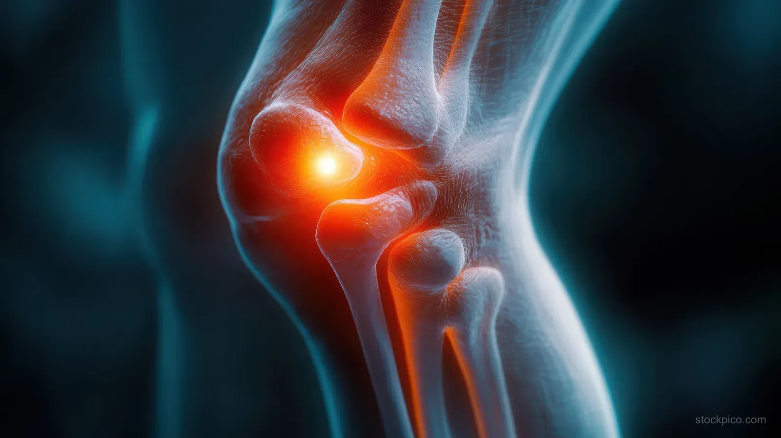 3D knee joint anatomy with femur and tibia, highlighting an inflamed pain area using a bright orange glow.