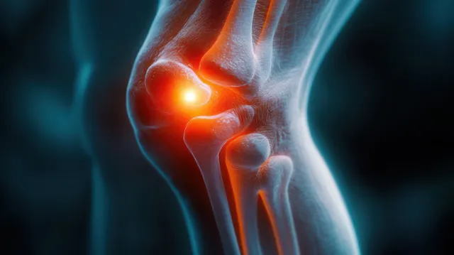 3D knee joint model highlighting inflamed pain area with bright orange glow
