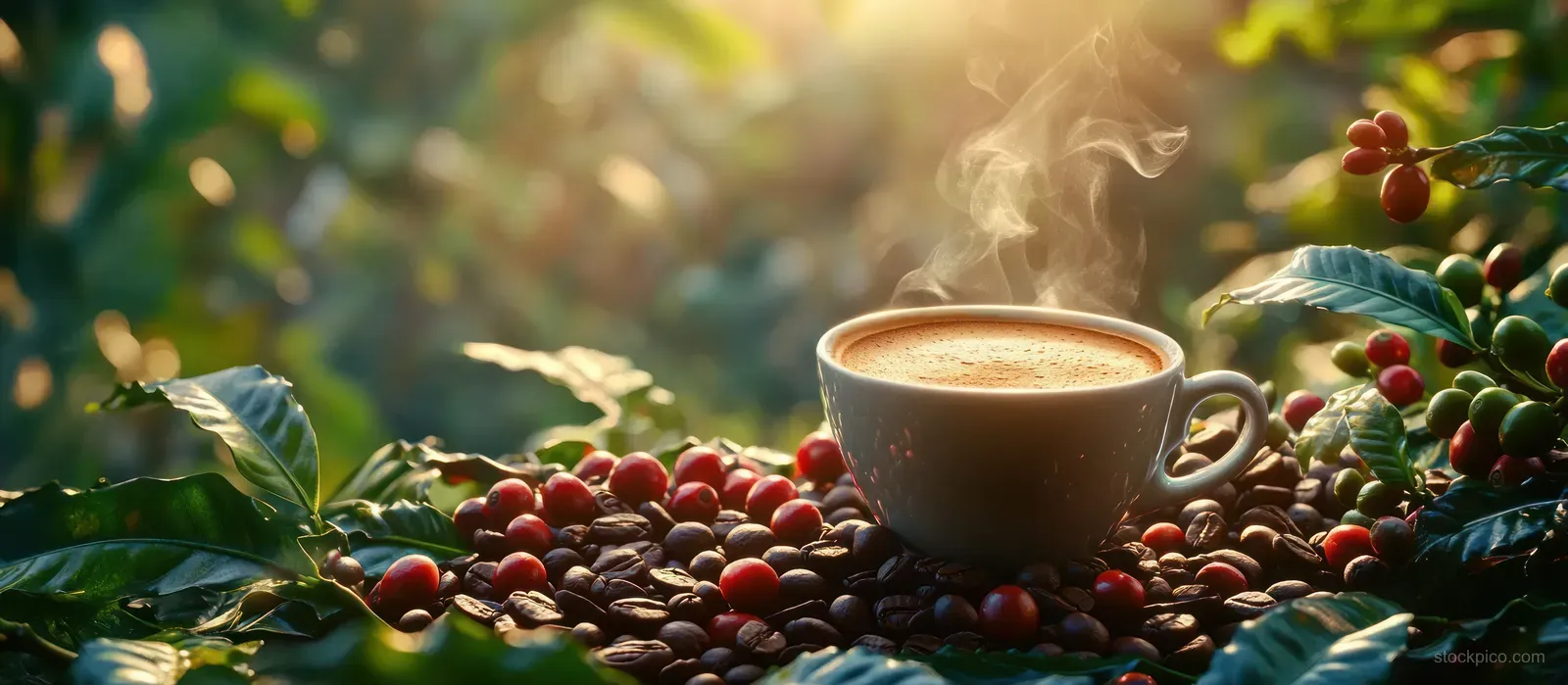 Steaming coffee cup surrounded by red coffee cherries and green leaves under warm sunlight.