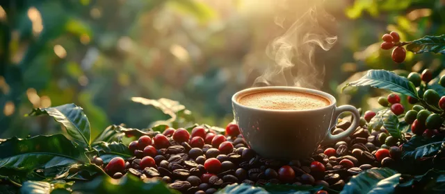 Steaming coffee cup beside ripe red coffee cherries on leafy branches in warm sunlight