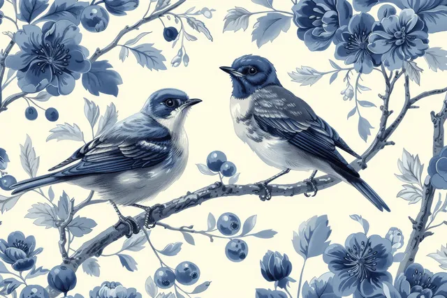 Dos pájaros azules se posan en ramas curvadas con flores azules y bayas en un patrón toile repetitivo.