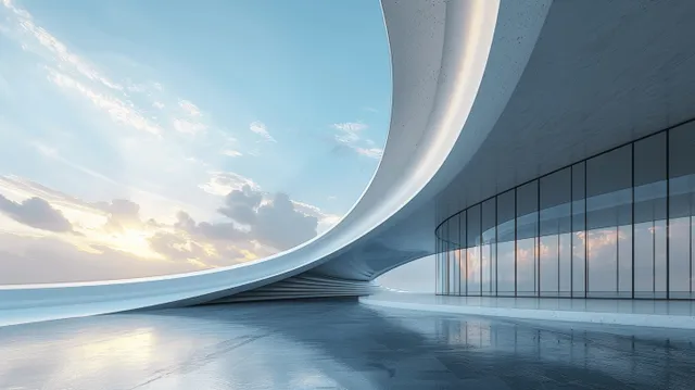 Futuristic white curved concrete building facade with windows, mirrored in a calm water surface under blue sky.