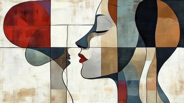 Two abstract human profiles in profile overlap on a textured canvas with muted earth tones and a bold red circle.
