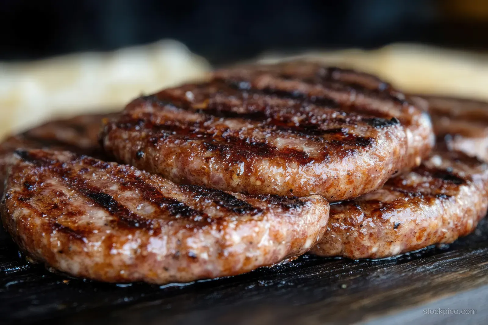 Stacked grilled burger patties on a hot grill with bold char marks and glossy, juicy texture.