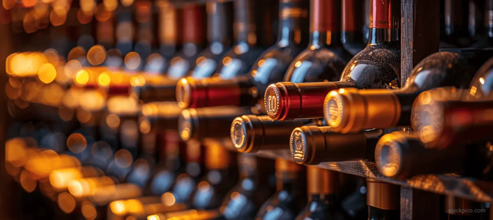 Wine bottles lined on wooden racks in a dim winery cellar with warm blurred lights behind.