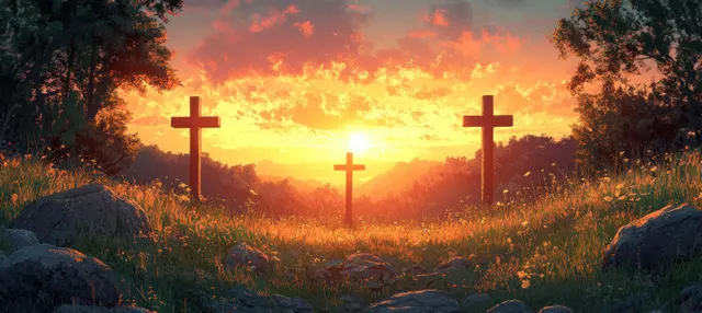 Impressionist sunrise hillside with three wooden crosses glowing against a golden sky