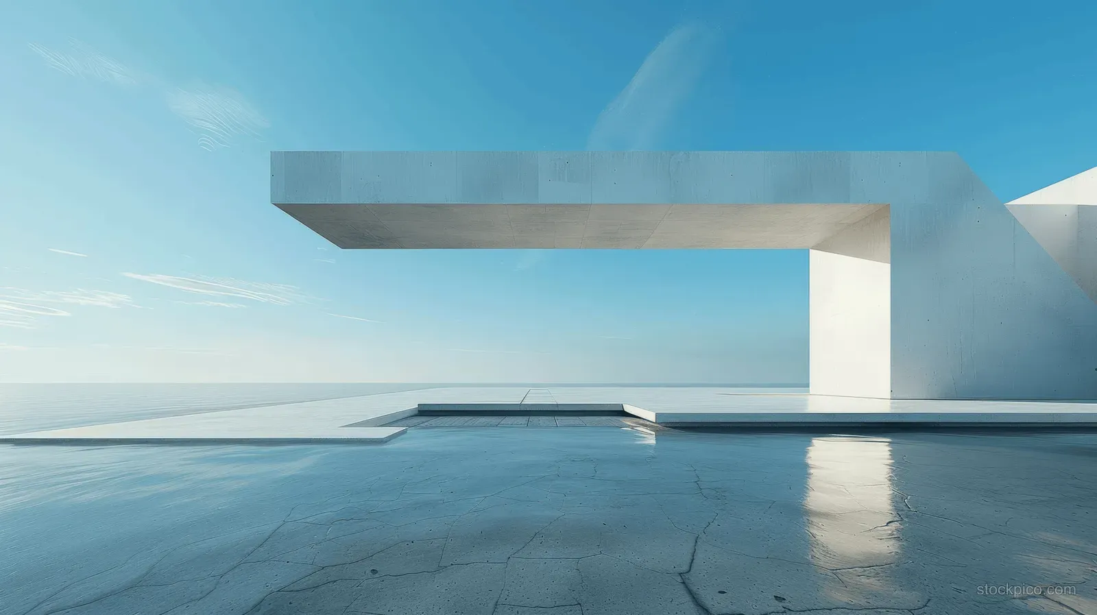 Minimalist 3D architectural canopy over an empty concrete floor with soft shadows beneath a blue sky.