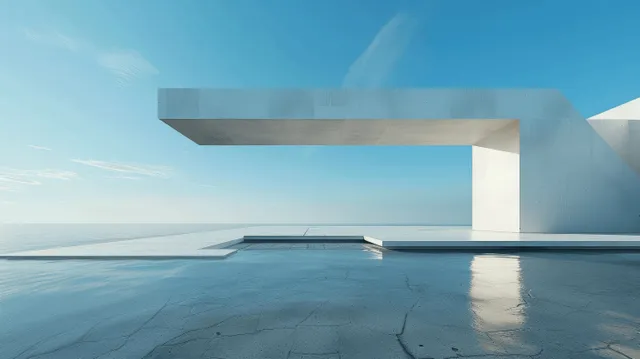 Minimalist 3D architectural canopy over an empty concrete floor with soft shadows beneath a blue sky.