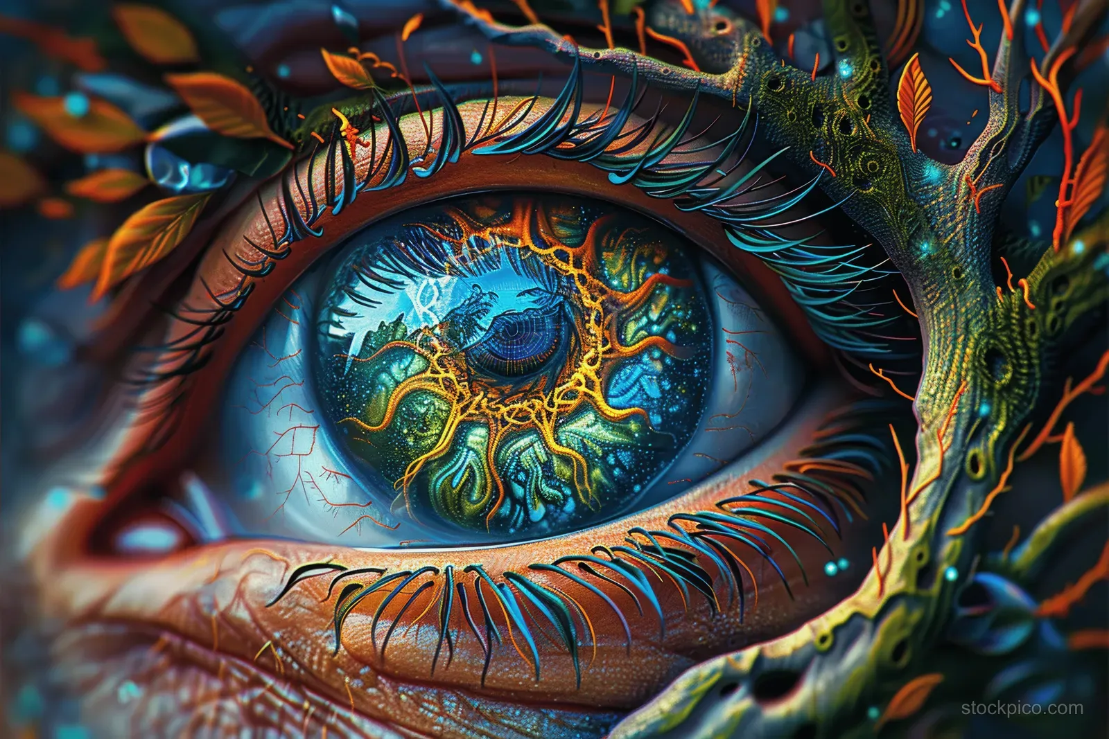 A fantastical close-up eye shows a glowing dragon and tree branches with swirling psychedelic cosmic patterns.