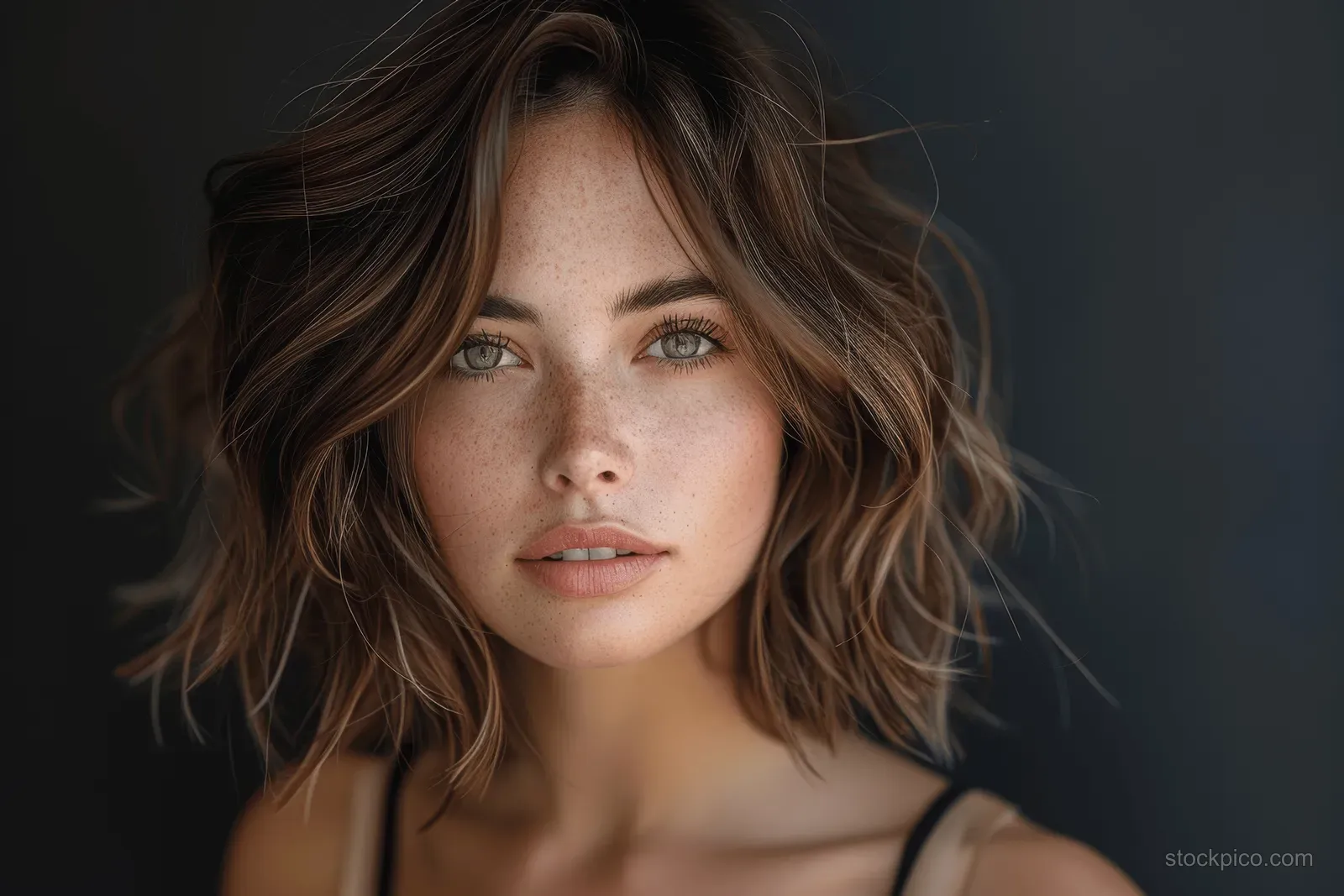 Woman with chestnut-blonde textured bob hair in a moody studio portrait with wind-swept flyaways.