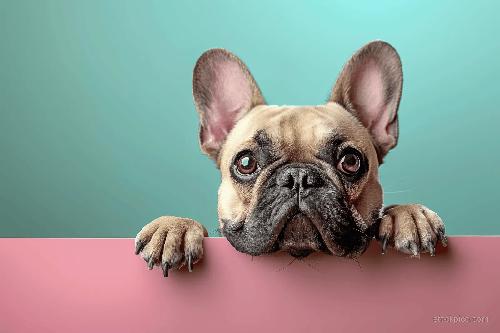 French bulldog peeking over a pink edge with large ears and curious eyes against a teal background.