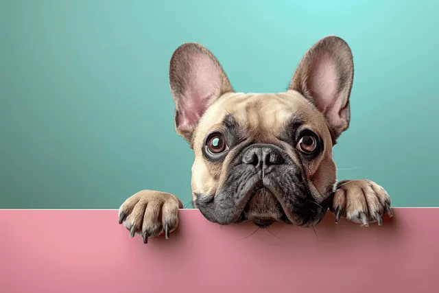 French bulldog peeking over a pink edge with large ears and curious eyes against a teal background.
