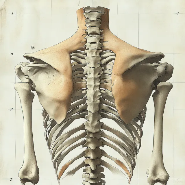 Back-view human skeleton illustration showing spine, ribcage, and shoulder blades against a light studio background.