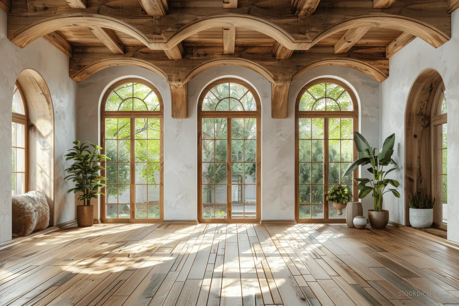Sunlit rustic room with arched windows, wooden ceiling beams, and potted plants along the walls.