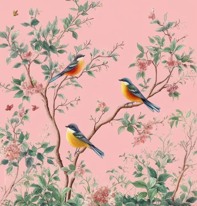 Watercolor seamless repeat pattern shows peony flowers, birds, and butterflies on pink leafy tree branches.