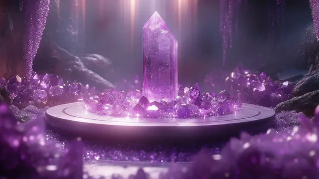 A circular pedestal altar holds a tall purple crystal with glowing light beams around scattered violet gemstones.