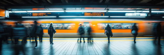 Motion-blurred commuters walk on a subway platform as a train passes under bright overhead lights.