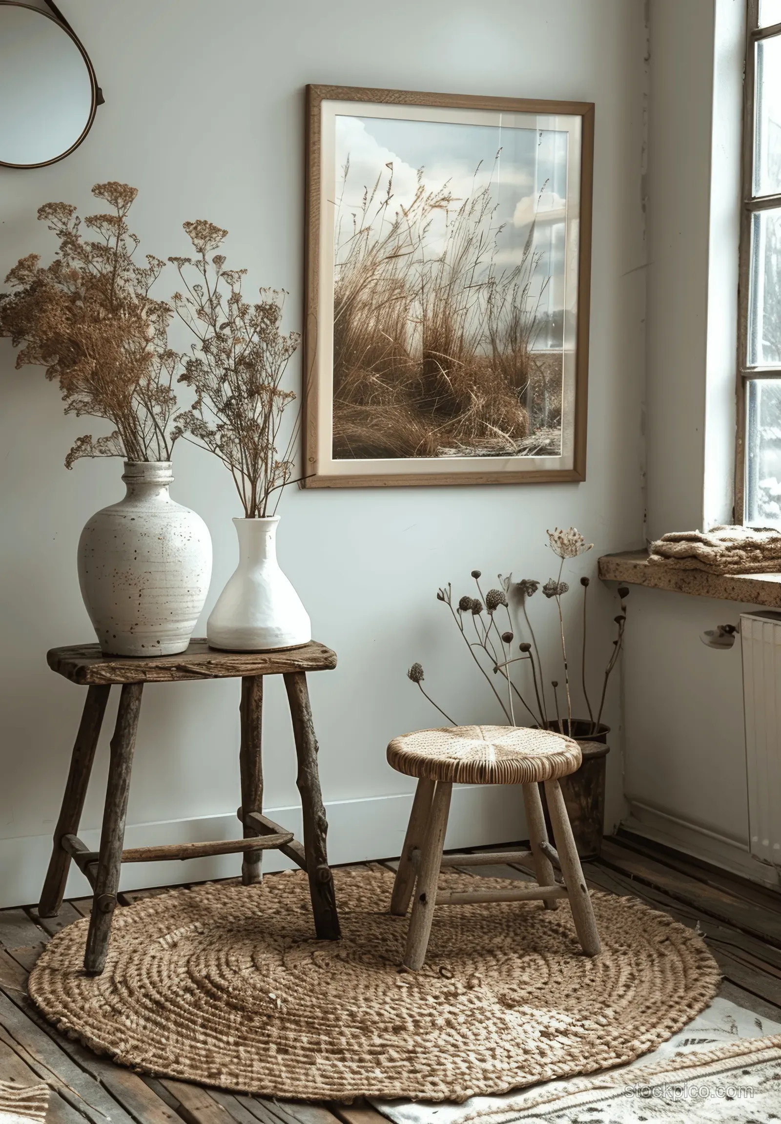 Empty wooden frame on the wall above a stool, side table, and vase with dried stems in a Scandinavian room.